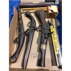 3 antique muzzle loading pistols w/gun cleaning kits