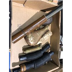 Sailors scope, gun powder flasks, Mossberg spotting scope stand & old Goose/duck calls