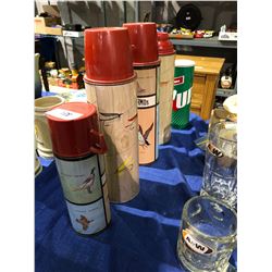 Various thermoses, misc glassware, Girl Guide whistles, John Lennon memorial piece