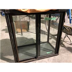 3 leather bags, glass door wood cabinet