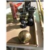 Image 17 : Table of various sports equipment, baseball bats, gloves, Hilltops Football helmet, antique hockey s