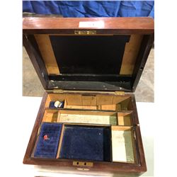 Jewellry case w/hidden drawer, framed pin/button collection, P.M. of Canada medallions