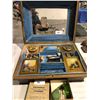 Image 1 : Very unique makeup powder box with hand painted covers w/insturments, plus vintage Holmspray atomize