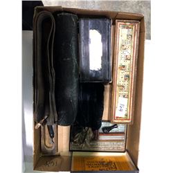 1890's - 1905 antique bridge set, Quill pen case, straight razor wood case, unused stamp set, leathe
