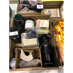 9 High end camera lenses, Zeiss telephoto, Canon, Olympus plus box of film