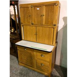 Exquisite light oak baker's cabinet with flour bin, rolled doors and porcelain work area (one of a k