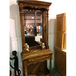Oak mirrored halltree w/locking drawer and 1953 Queen Elizabeth and Duke of Edinburgh
