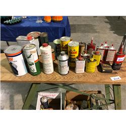 Unused oil container cans, Husky can, Atlas Texaco cans plus ironing board, first aid