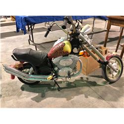 Vintage electric toy motorcycle, Olympia scooter and wood garbage can