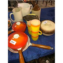 Assorted pitchers, Medalta pot, 60's pot/pan set, plates, Medicine Hat Jug
