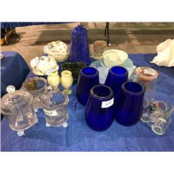 Porcelain coffee pot, blue glass, cups & saucers, coffee set, blown deco glass, blue pyrex, quick co