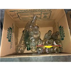 Vintage bottles, Planters Peanuts jar, old coin-op bubble gum machine w/key