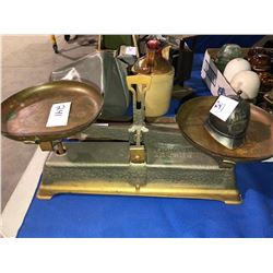 Antique wight scale, paper weight, novel 1950's taxi meter (Wilson Industries), scales and mianiatur