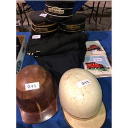 CNR & CPR Conductor Hats & Uniform plus CN Tiles plus 2 - 1930's cricket helmets (England)