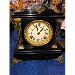 Rare Waterbury mantle clock ornate brass and wood accents