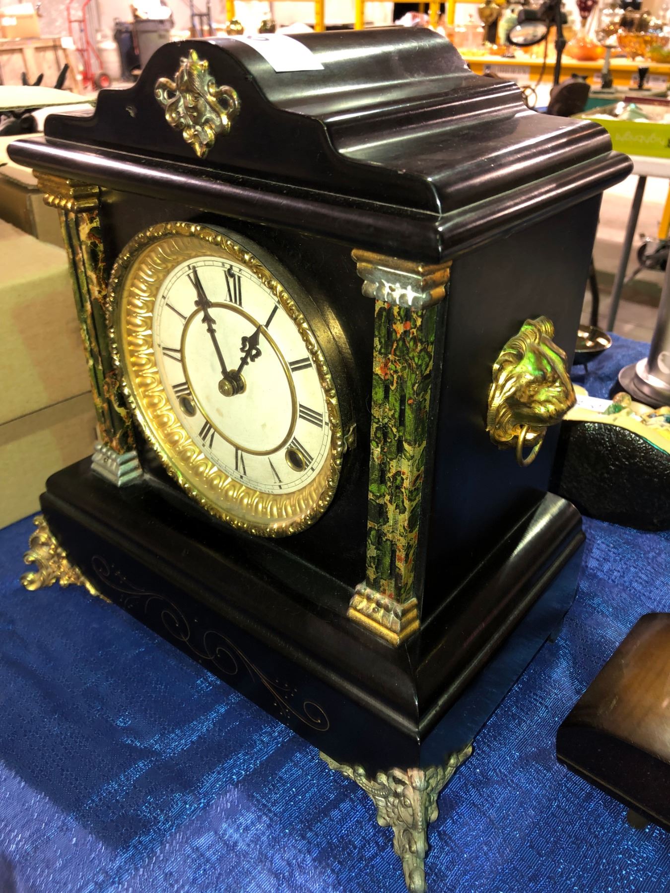 Rare Waterbury mantle clock ornate brass and wood accents