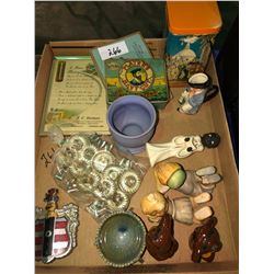 Full box of pottery, Goebel West German figurines, tea sets plus occupied Japan old tins, 2 boxes