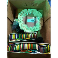 Box of 100's of collectible badges, buttons, Scottish doll, boxes of 1950s jello discs, mirror, doil