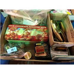 3 boxes of collectibles including chime balls, brass ring case, doillies, tins, bag full of military