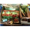 Image 1 : 3 boxes of collectibles including chime balls, brass ring case, doillies, tins, bag full of military