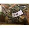 Image 2 : 3 boxes of collectibles including chime balls, brass ring case, doillies, tins, bag full of military