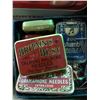 Image 3 : 3 boxes of collectibles including chime balls, brass ring case, doillies, tins, bag full of military