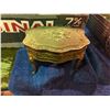 Image 8 : 3 boxes of collectibles including chime balls, brass ring case, doillies, tins, bag full of military