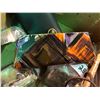 Image 9 : 3 boxes of collectibles including chime balls, brass ring case, doillies, tins, bag full of military