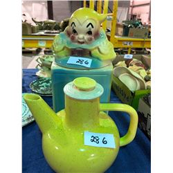 USA Clown cookie jar, 60's tea pots, china plates, cups, silver tea tray with cream & sugar,