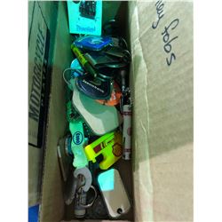 Box of antique keychains, 30's, 40's and 50's license plates, uncirculated motor bike plate