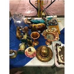 Copperware, figurine, bears, dog, brass dinnerbell, brass elevator bell, pint measure, matt cutter, 