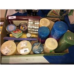 Box of candles, tins, collectible pill boxes, scissors, 1922 bicycle plates