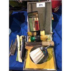 Portable Shaving mirror, brushes, strait razors, shaving dish
