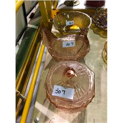 Old glass cookie jar, hen candy dish and colored glass bowl
