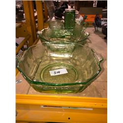 Old green glass serving dishes, creamer, depression measuring cup and spice jar