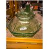 Image 1 : Old green glass serving dishes, creamer, depression measuring cup and spice jar