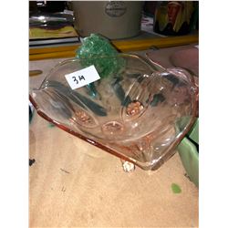 Crown Ducal dish, 40's pink fruit bowl, green glass, blue & green pitchers, large glass serving tray