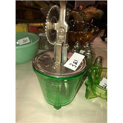 1930's egg beater and measuring bowls, salt & peppers, various glasswares