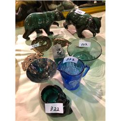 Blue pottery bears, shirley temple pitcher, Eskimo carving, military Medallion