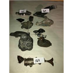 10 Inuit carvings, 1 metal Sturgeon fish art, snuff carrier