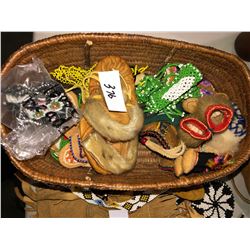 Tobacco pouch various dress beads, basket of various handmade doll clothing & shoes, etc