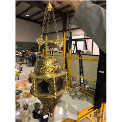 Brass hanging lamp with colored glass