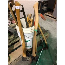 4 axes, saw, 1 hammer, pail of tools, cast iron horse, grater, vice