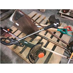 4 shovels, weed wacker, super duty floor mats, 4 floor office runners