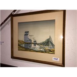 Robert Hurley water color painting depicting grain elevator in spring 12"x16"