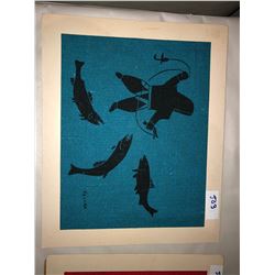 2 Inuit fabric art images ink on woven fabric - by Kalvak