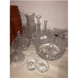 Lot of various pinwheel crystal, candle holders, butter dish, cream & sugar sets, various vases & bo