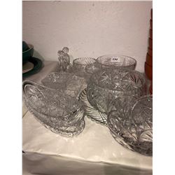 Various pinwheel crystal, platters, pickle bowls, serving bowls, salad set