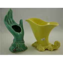 Hand Vase 8"H and Yellow McCoy Vase 6"H