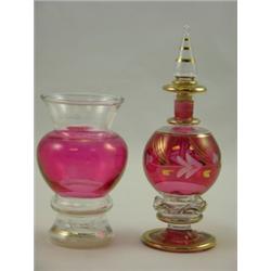 Cranberry Perfume Bottle with stopper 5½"H and vase 3¾"H, Cranberry and clear with gold bands